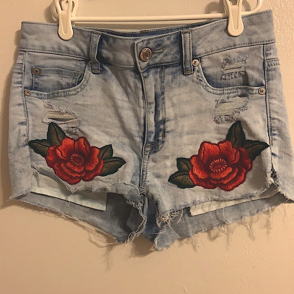 American Eagle Denim Embroidered Floral Shorts